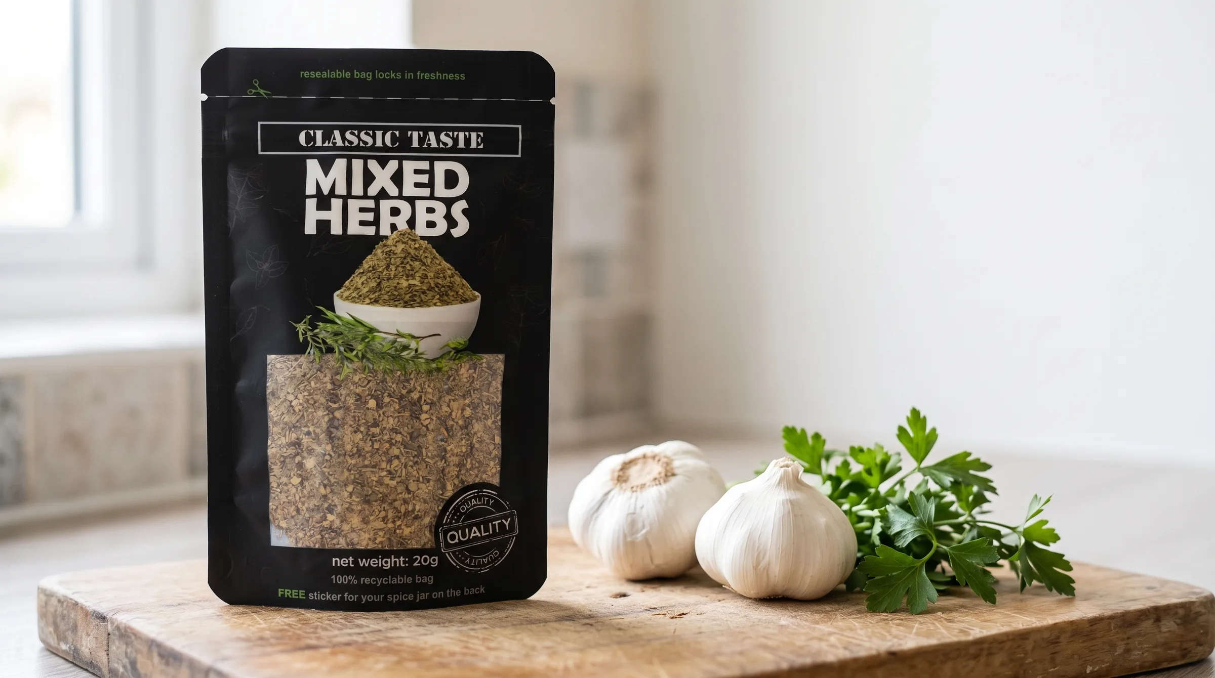 A Classic Taste Mixed Herbs pouch on a wooden board in a bright kitchen, with garlic and fresh parsley