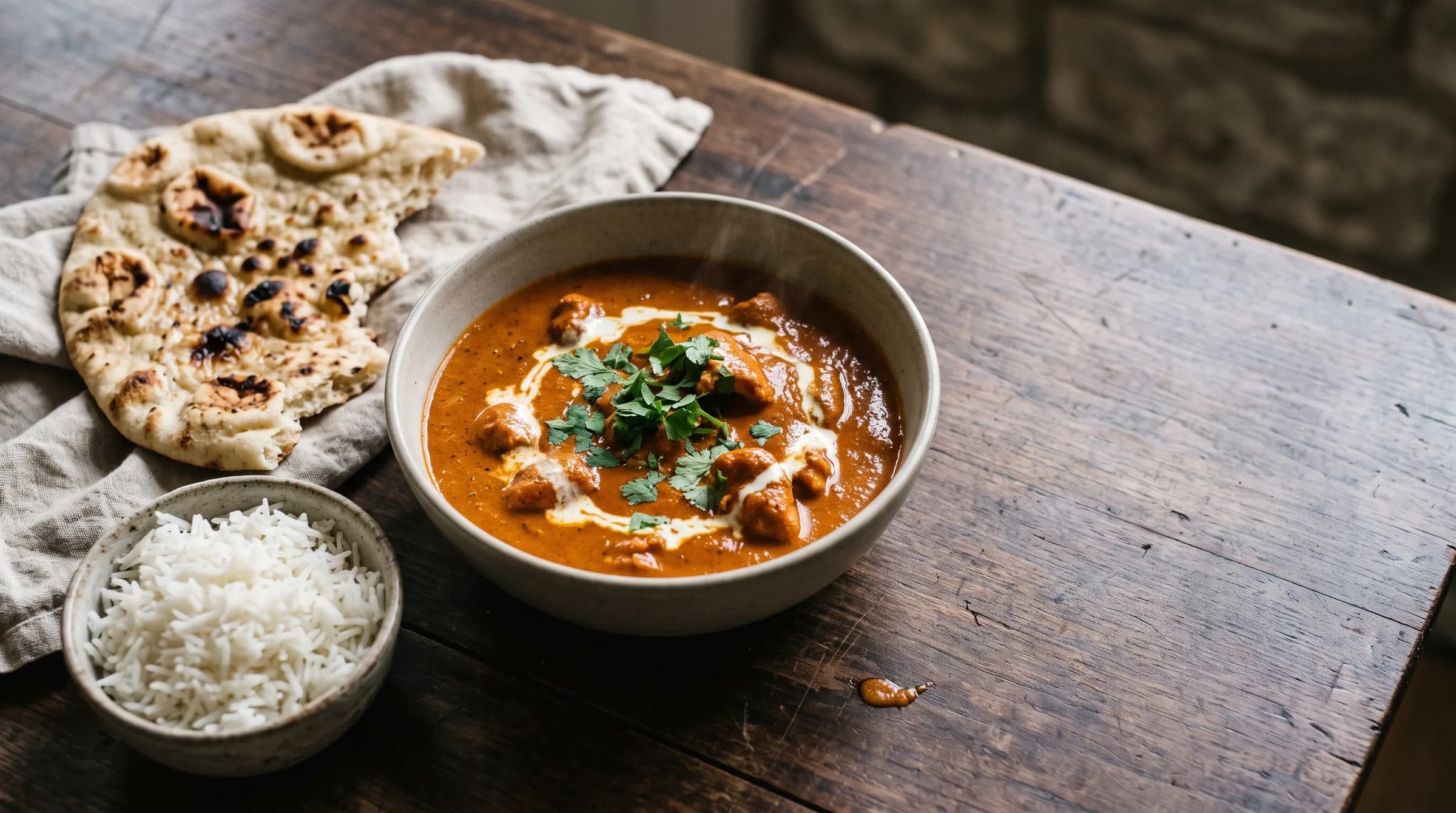 A bowl of butter chicken served with naan and rice