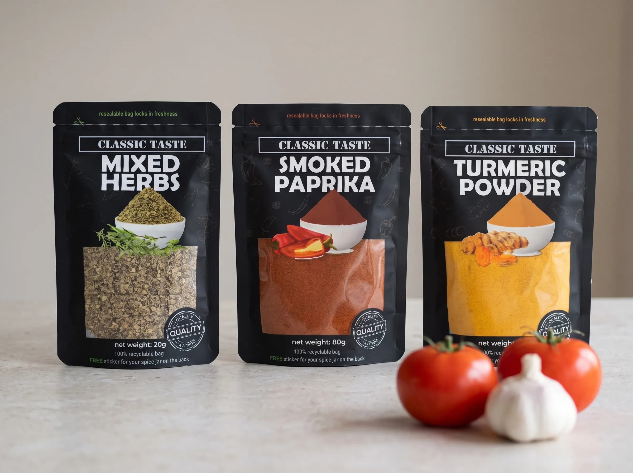 Three Classic Taste pouches (Mixed Herbs, Smoked Paprika and Turmeric) on a bench with tomatoes and garlic