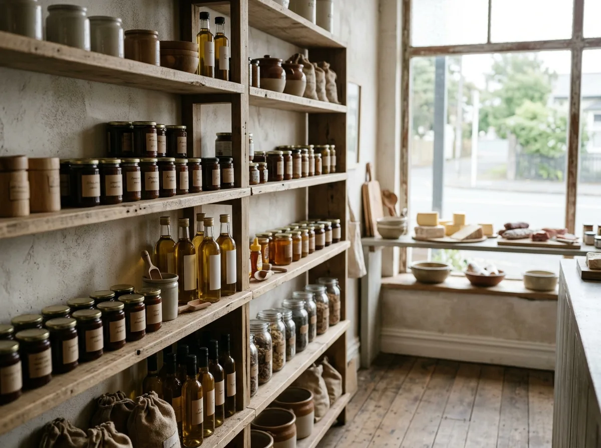 The inside of a specialty food shop with pantry goods on wooden shelves