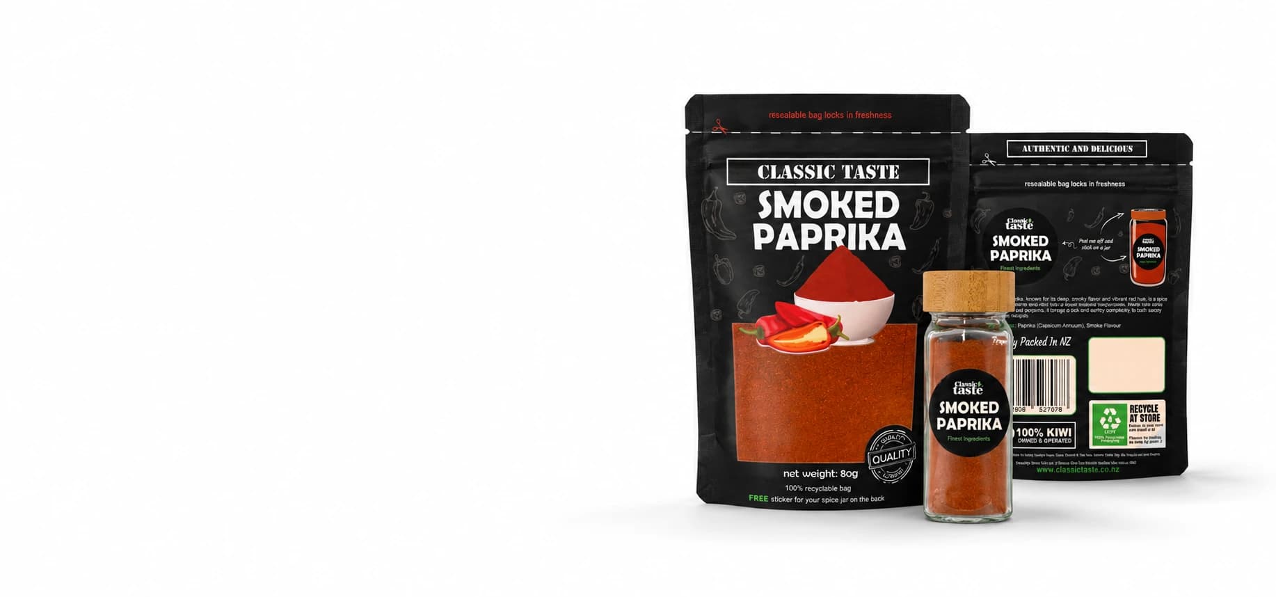 Classic Taste Smoked Paprika pouch, front and back, with a Classic Taste glass spice jar filled with paprika