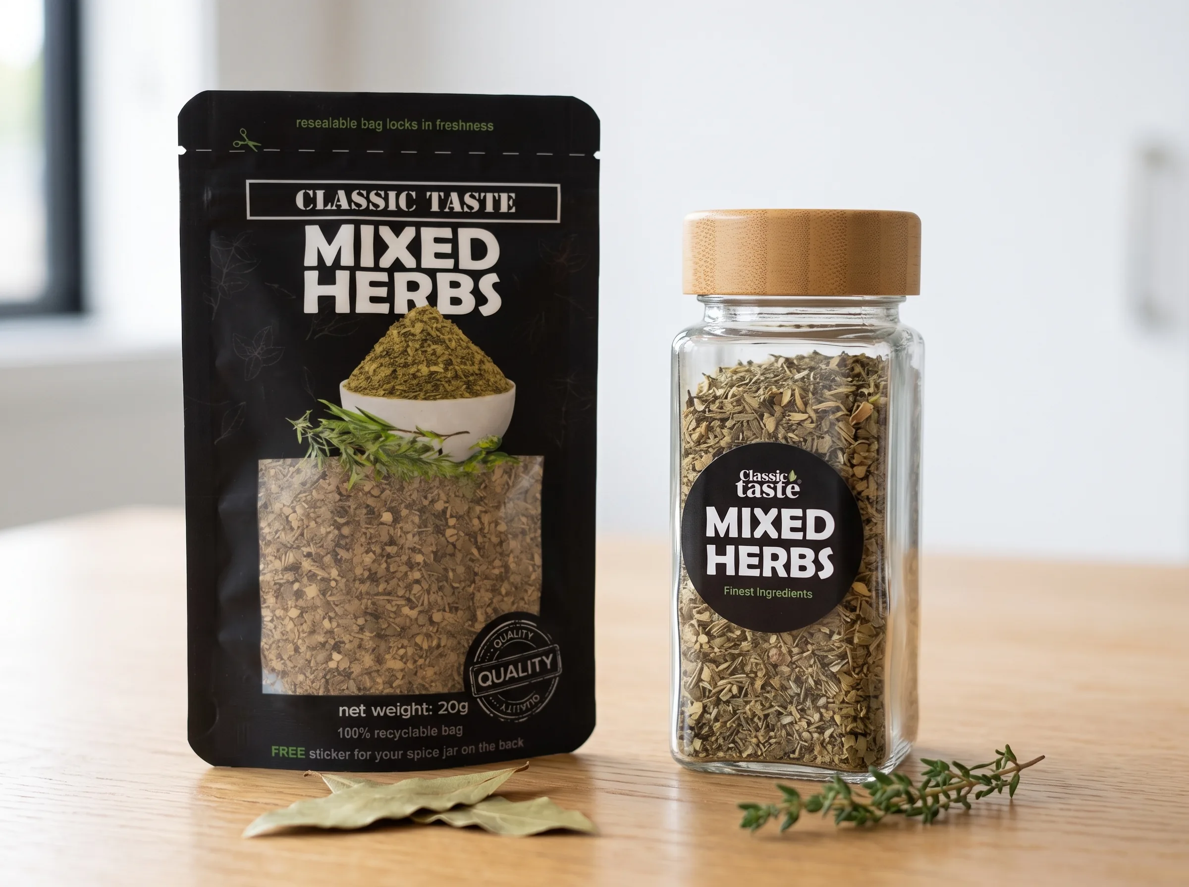 A Classic Taste Mixed Herbs pouch beside a Classic Taste square glass spice jar of dried herbs with a bamboo lid
