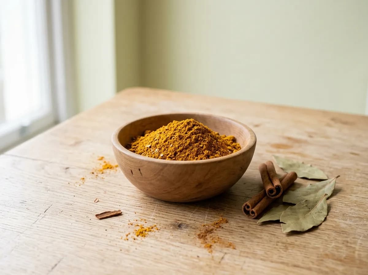 Curry powder in a wooden bowl with cinnamon quills and bay leaves