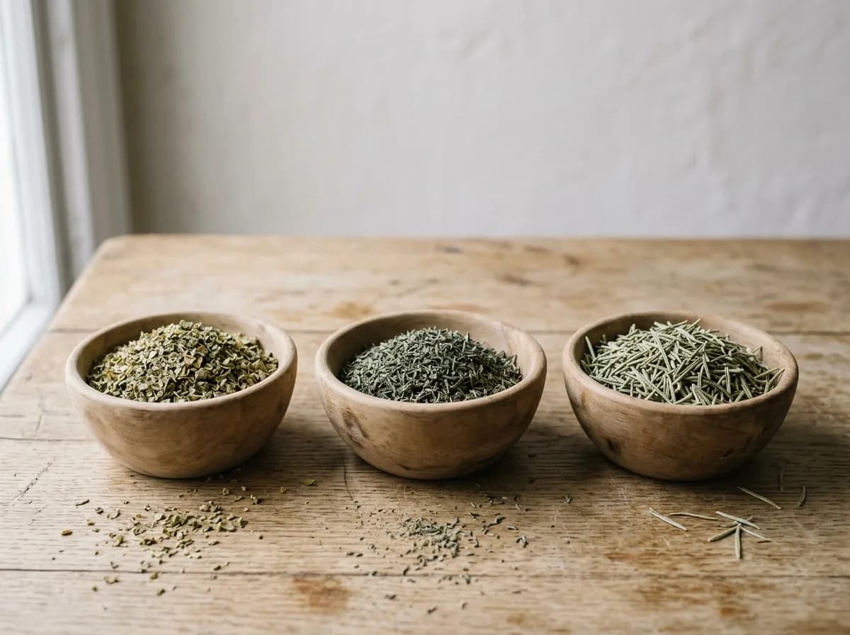 Wooden bowls of dried oregano, thyme and rosemary