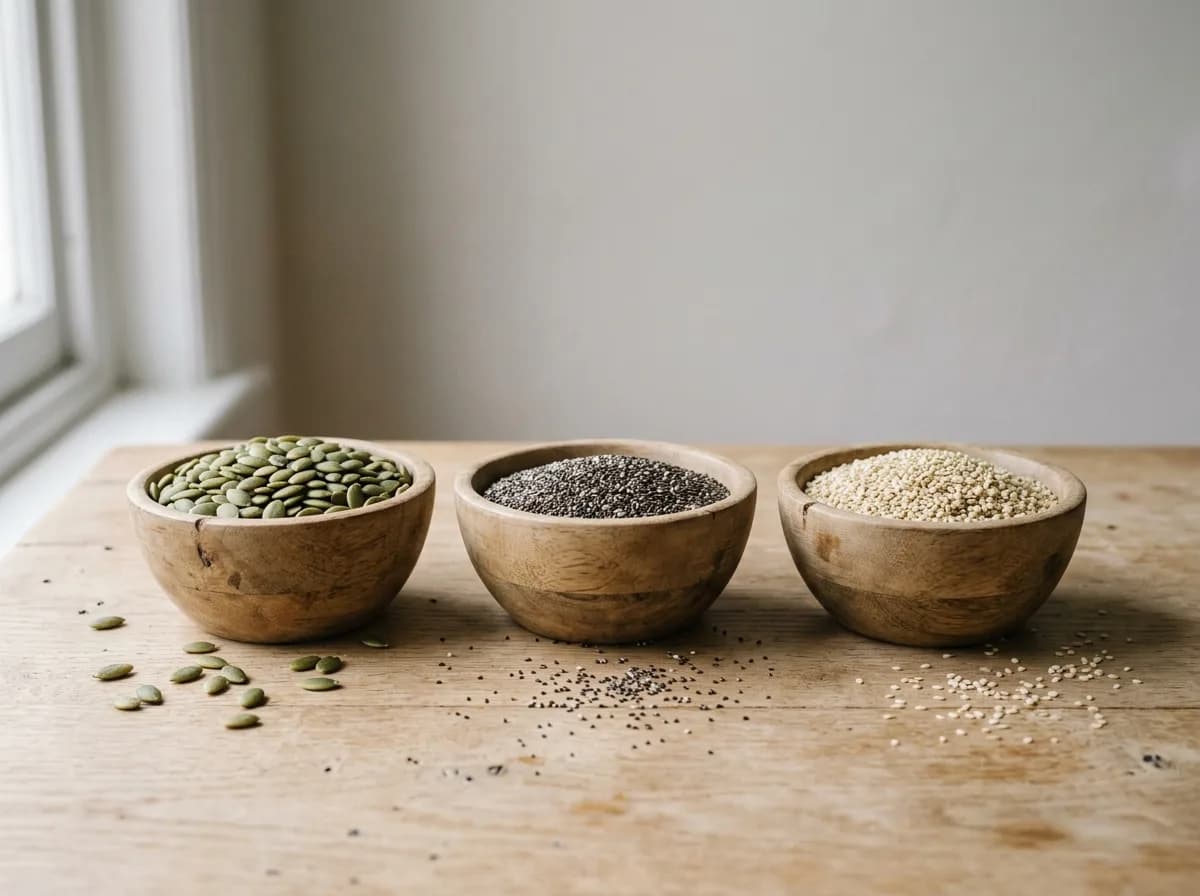 Wooden bowls of pumpkin seeds, chia seeds and sesame seeds