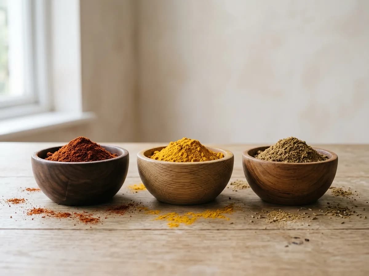 Wooden bowls of paprika, turmeric and cumin